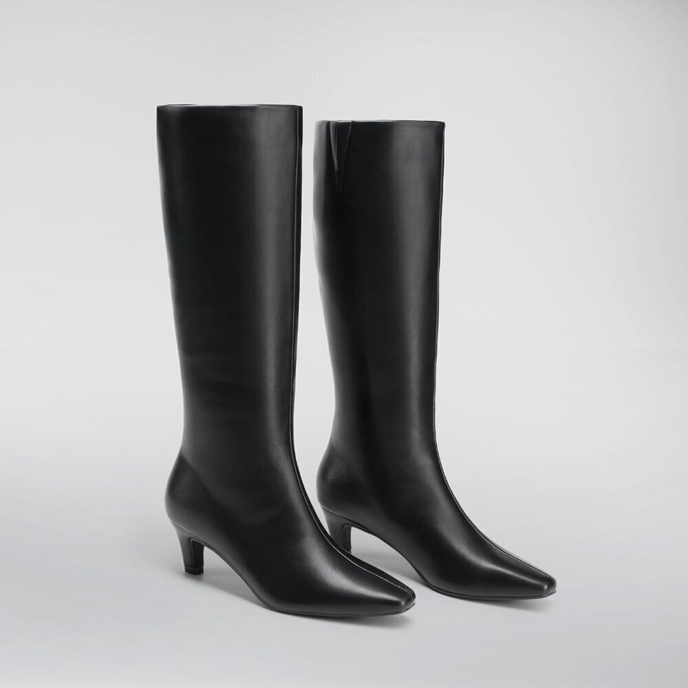 Women Knee High Boots Faux Leather Wide Calf 2 Inch Kitten Heel Square Toe - Picture 7 of 8